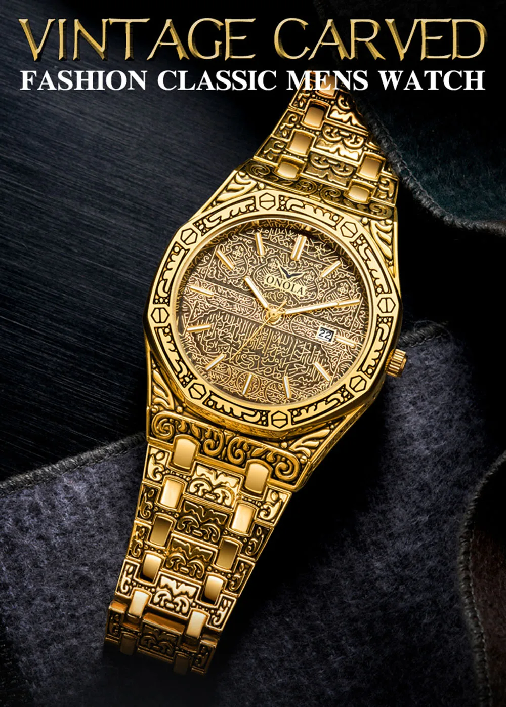 Waterproof Vintage Carved Watch Original Steel Band Wristwatch Fashion Classic Designer Luxury Golden Watch