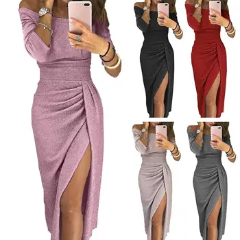 

Slit Slash Neck Plus Size Bag Hip Dress Dinner Dress Women Fashion Overlay Three Quarter Sleeve Stitching Irregular Belt Dress