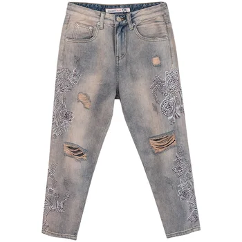 

Spring Summer Korean Womens Ripped Hole Embroidery Beads Denim Harem Pants , Distressed Jeans Trousers for Women