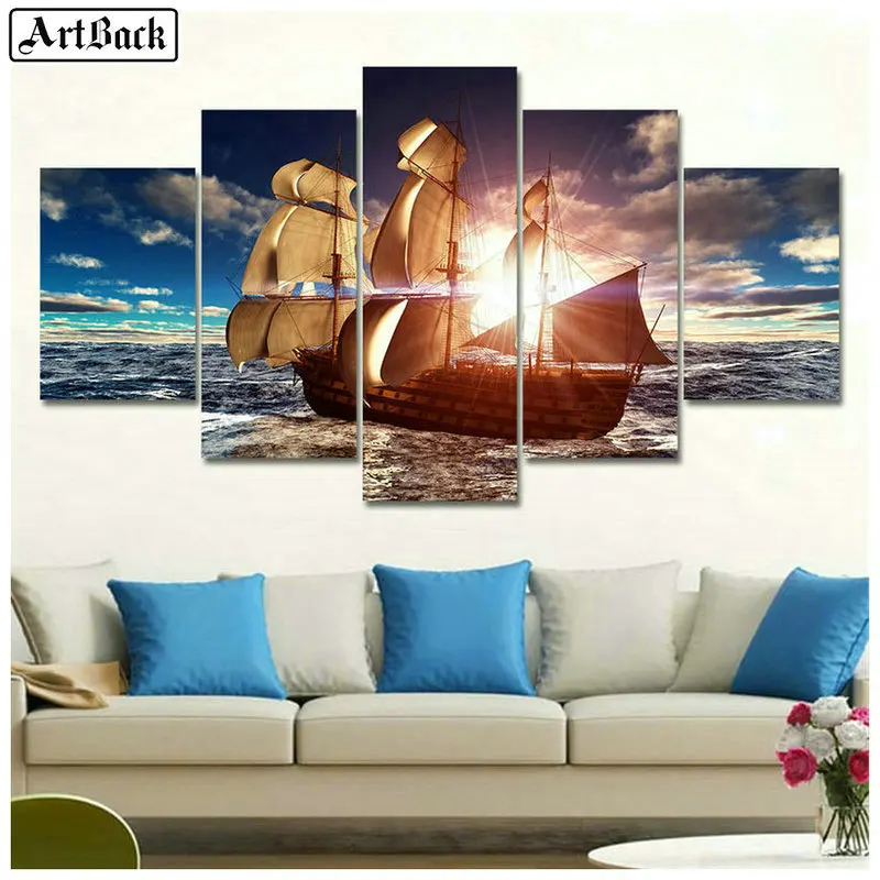 

5d full square / round diamond painting seascape sailing five fight landscape pictures home decoration diamond mosaic crafts