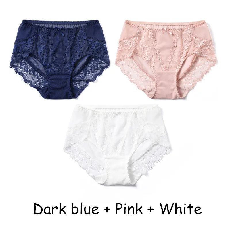 Blue - Pink - White 3 шт./лот сексуальные кружевные трусики хлопок снизу бесшовные Высокая Талия XXXL Трусы Комплект трусы большой Размеры прозрачным нижним бельём для Для женщин - Цвет: Blue - Pink - White