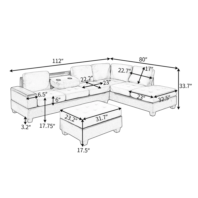 Convertible Sectional Sofa With Reversible Chaise, L Shaped Couch Set