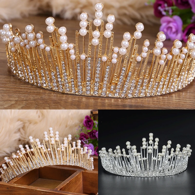 vintage pearl tiara queen crown for women royal wedding tiaras and crowns for bride jewelries fit birthday pageant prom dropship Vintage Princess Wedding Crown Tiara Bridal Prom Party Pearl Rhinestone HairBand