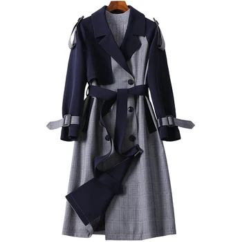 

2020 Autumn Women Windbreaker New England style Double Breasted Plaid Stitching Long Trench Coat Women Slim Business Outerwear