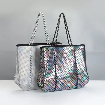 

2 Set New Fashion Hoe Sale Perforated Beach Tote Bags for Women High Quality Large Capacity Comfortable Nylon Leisure Purse