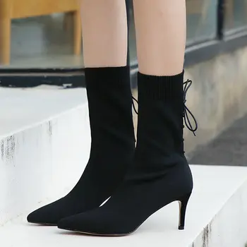 

EshtonShero Women Mid Calf Boots Shoe Woman Thin High Heels Knitting Pointed Toe Elegant Ladies Motorcycle Sock Boots Size 3-8