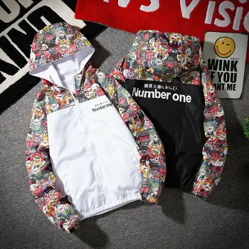 

Men's Spring Autumn Oversized Jacket Stitching Printing Loose Long Sleeve Hooded Zipper Fashion Casual Trend