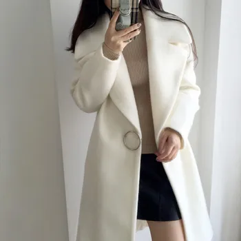 

Women White Wool Coat Single Button Long Sleeve Casual Woolen Cloth Medium Length Coat Turn-down Collar winter coats women NEW