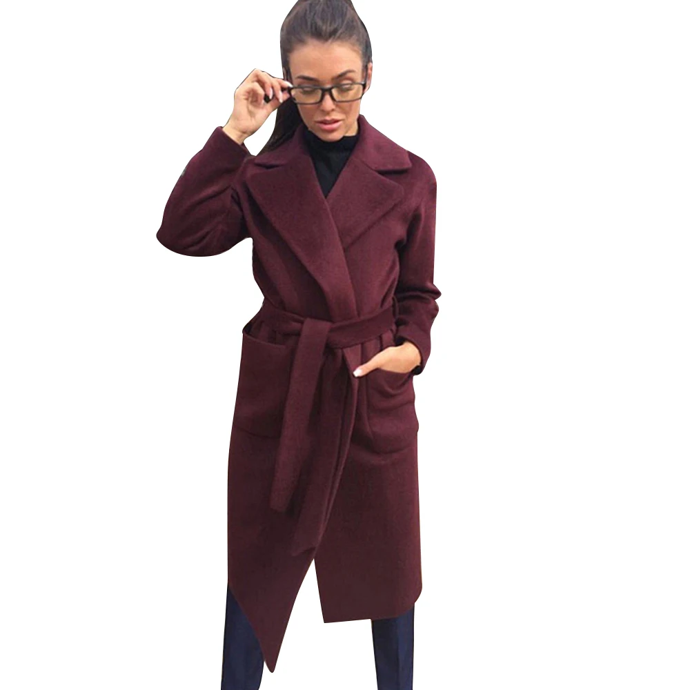 Зимнее женское элегантное длинное шерстяное пальто, однотонное Женское пальто, верхняя одежда с поясом, модный карман, casaco feminino manteau D25 - Цвет: Wine Red