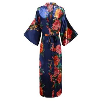 

Long Women Sleepwear Kimono Robe Navy Blue Print Flower Bathrobe Gown Sleepwear Nightdress Sexy Home Clothing Casual Large Size