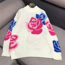 Роскошный дизайнерский брендовый вязаный свитер для женщин с круглым вырезом, розовый жаккардовый переплетенный утепленный пуловер