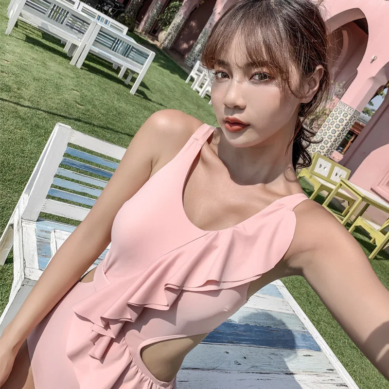 

One-Piece Swimsuits Swimwear 2019 Bathing Suit Beach Womens One Piece Women's Web Big Ins Swimsuit Falbala Korean Solid