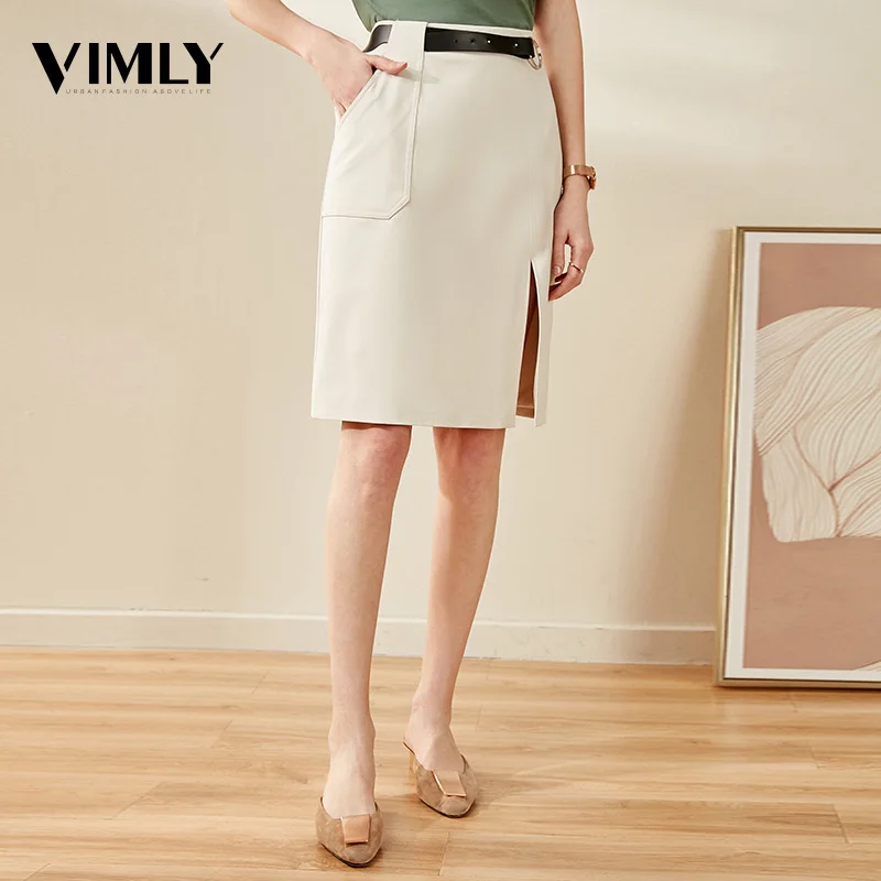 

Vimly Women's Elegant Split Solid Skirts Office Work Formal Ladies Fashion Spring Summer Skirts Female High Waist Beige Skirts