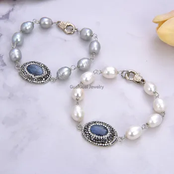 

GG Jewelry 8'' 21x31MM White Gray Rice Pearl Bracelet Kyanite Connector