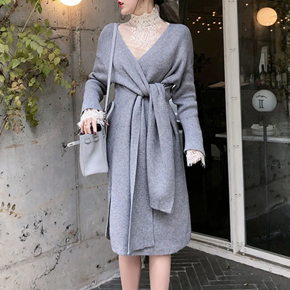 #^Special Price Gebreide Trui Jurk Vrouwen Herfst Lange Mouw V-hals Belted Hoge Taille Plain Lange Jurken Boho Koreaanse Basic Gewaad Minimalistische