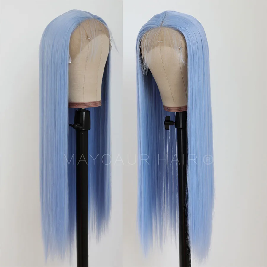 Maycaur Light Blue ace Front Wigs Long Straight Hair 20 Inch Wigs for Fahison Women Synthetic Lace Front Wigs (2)