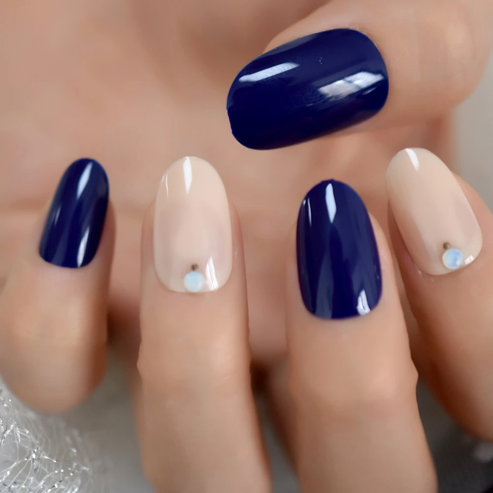 28pcs Oval Fake Nails Dark Blue False Nails Gems Deco Short Shiny Nail Tips  With Gel Cover French Acrylic Office Wear Nails - False Nails - AliExpress