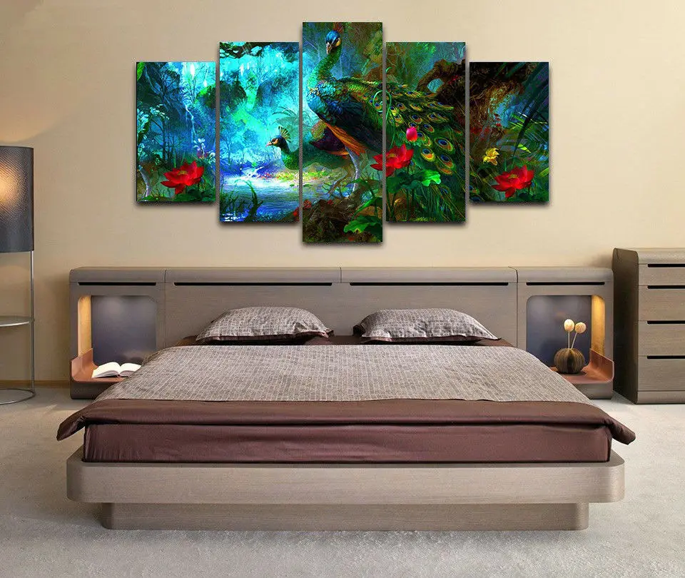 Living Room 5 panel HD Print Peacock Peafowl Bird Painting Piece Canvas Wall Art Home Decor Pictures poster Paintings | Дом и сад