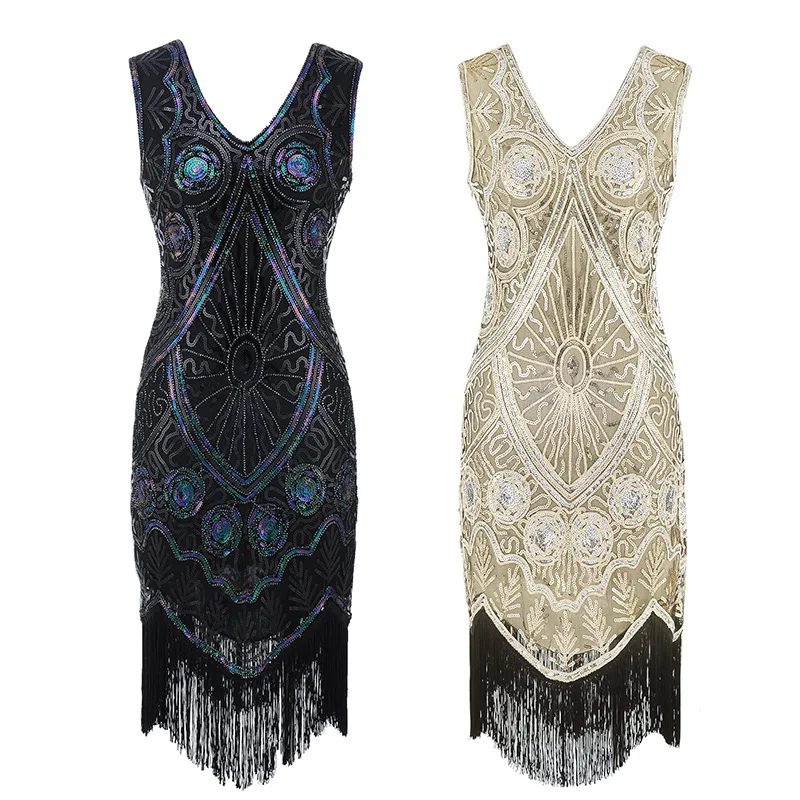 Femme 1920s Great Gatsby Flapper Sequin Fringe Embroidery Midi Dress Summer Art Deco Retro Black Dress Women Party Dress Robe  (2)