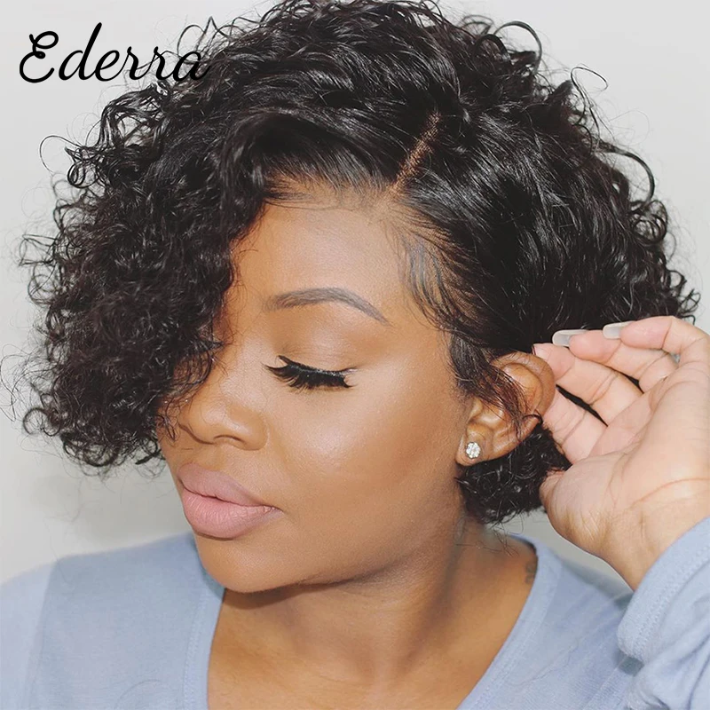 

Short Curly Pixie Cut 13x1 Front Lace Side Part Wig Short Bob Wig Glueless Deep Wave Brazilian Remy Human Hair Wig For Women