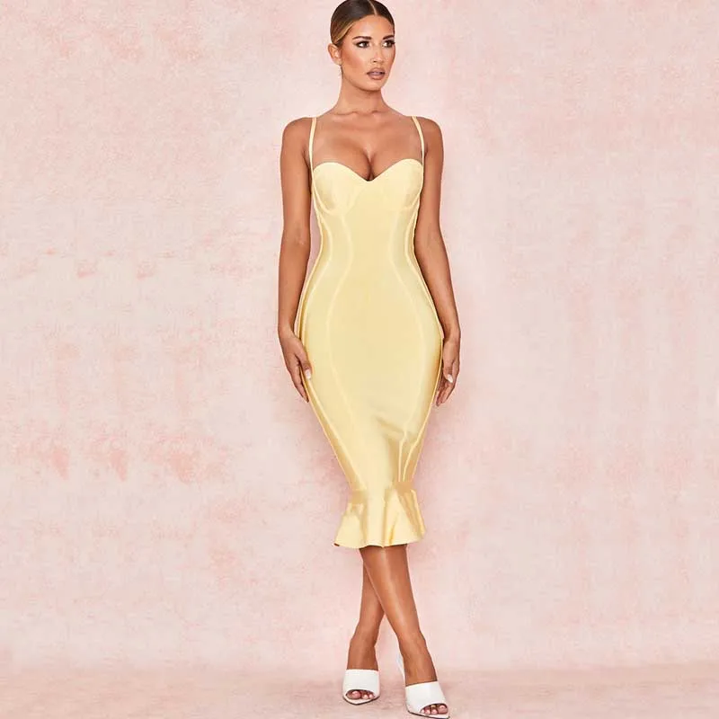 

Wholesale 2019 New woman's dress yellow Spaghetti Strap Sexy Mermaid celebrity cocktail party bandage dress