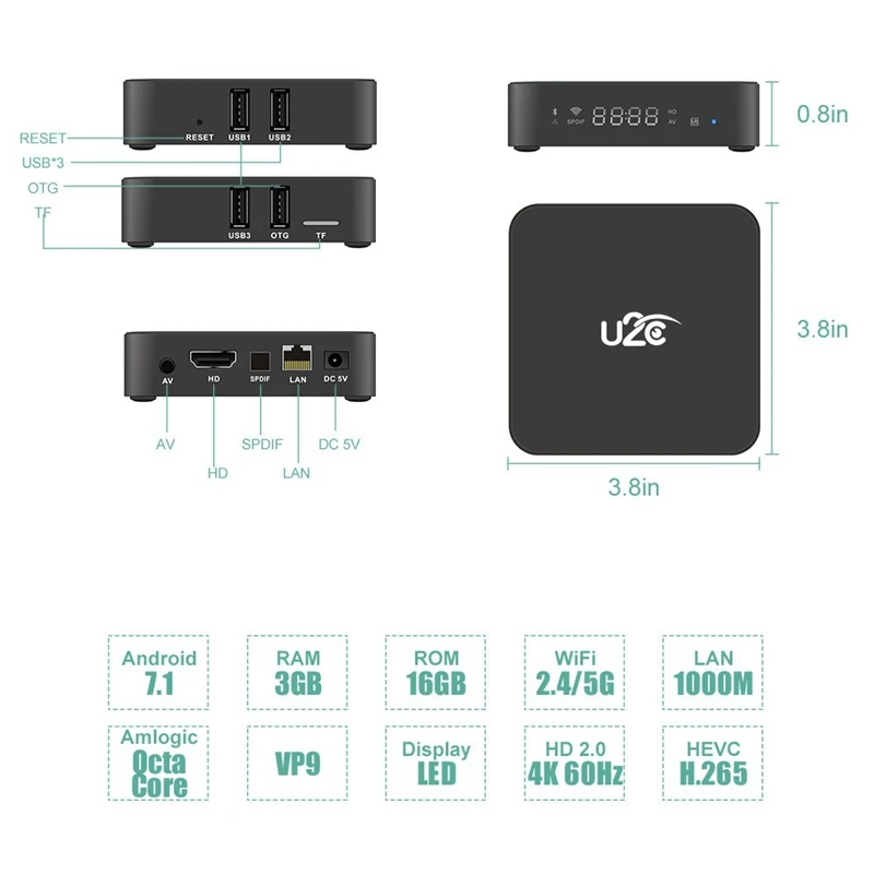 U2C X Turbo Android 7.1 Tv Box Octa Core 3G+16G+Wifi 64-Bit Smart Tv Box Supports Bluetooth 4.1 4K 3D H.265 2.4Ghz 5.8Ghz wifi