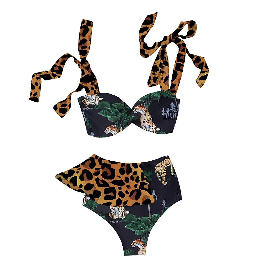 leopard bikini set Two-Pieces Women Floral 2021 Push-Up Padded Bra Ruffles Bandage Bikini Set Swimsuit Swimwear Bathing Suit Beachwear Biquini bandeau bikini set