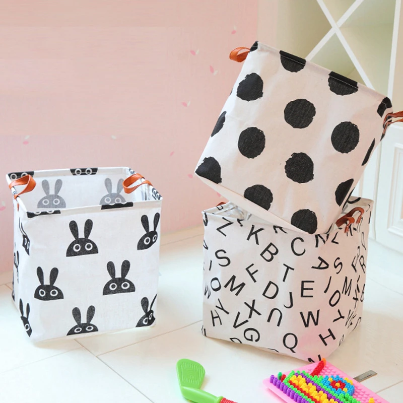 Zerolife 33x35 Foldable Sundries Laundry Basket Cute Printing Cosmetics Container Cotton Linen Storage Basket Desktop Organizer