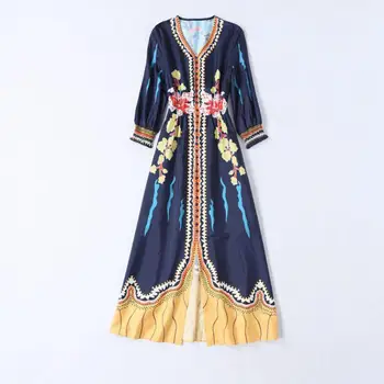 

goodlishowsi new 2020 summer Retro National V-neck Printed slim Dress