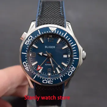 

Luxury brand Bliger 41mm blue dial ceramic bezel sapphire glass GMT function automatic movement men's wrist watch