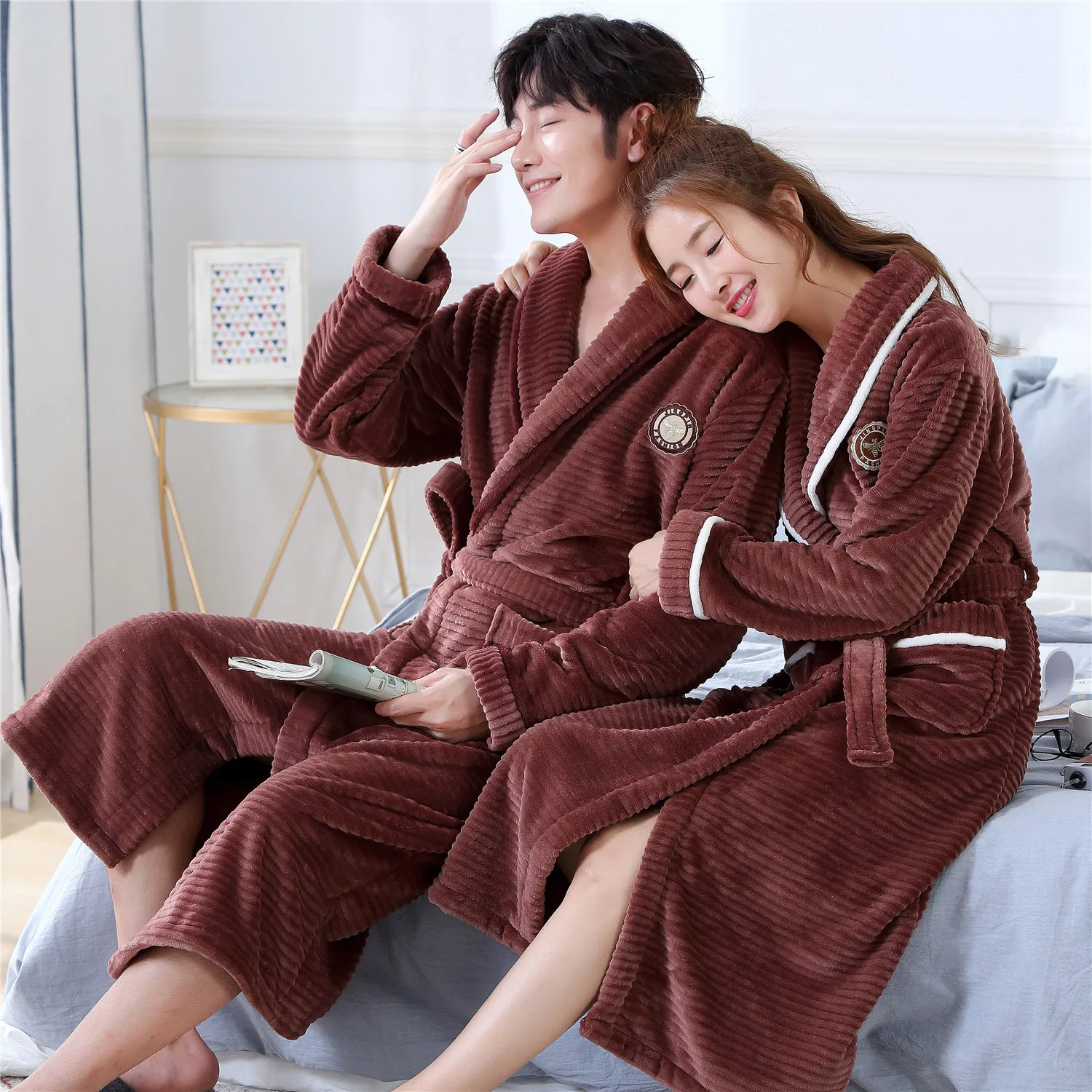 

Night Robe Couple Flannel Kimono Gown Belt Pyjamas Winter Pocket Brown Nightwear Bathrobe Warm Coral Fleece Home Dressing