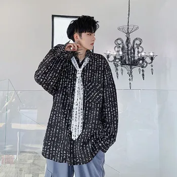 

Men Vintage Print Tie Casual Long Sleeve Shirt Male Streetwear Hip Hop Fashion Dress Shirts