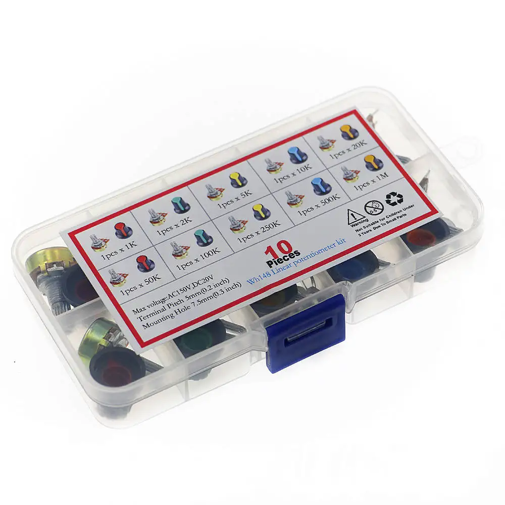 10Pcs WH148 3pin Single Potentiometer Kit B1K/B2K/5K/10K/20K/50K/100K/500K/1M with knobs Single potentiometer set Shaft Nuts BOX