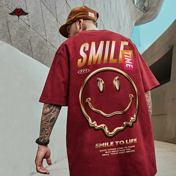 

Plus Size Hip Hop Smile Print T Shirt Men Streetwear Short Sleeve Cotton Tees O-Neck Kpop Black Tops