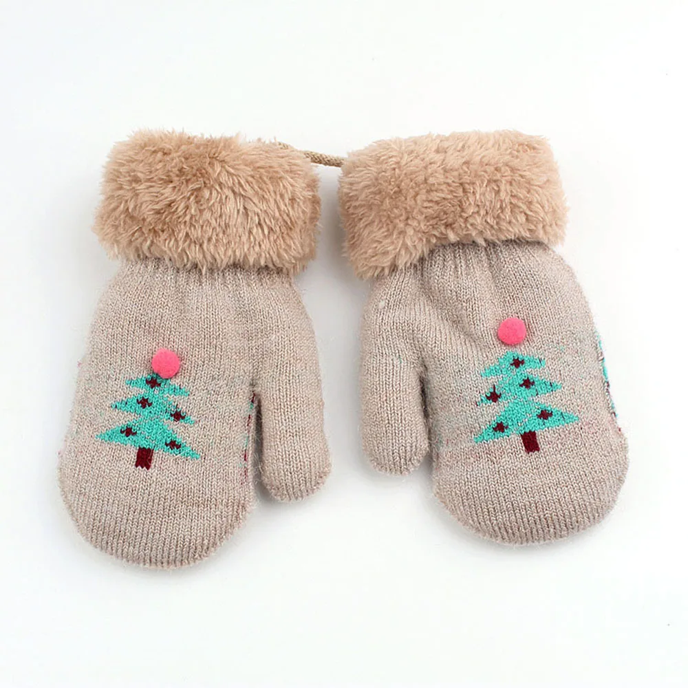 Детские Рождественские хлопковые плюшевые перчатки, зимние вязаные рукавицы с рождественской елкой, детские теплые перчатки для мальчиков и девочек 2-5 лет - Цвет: beige