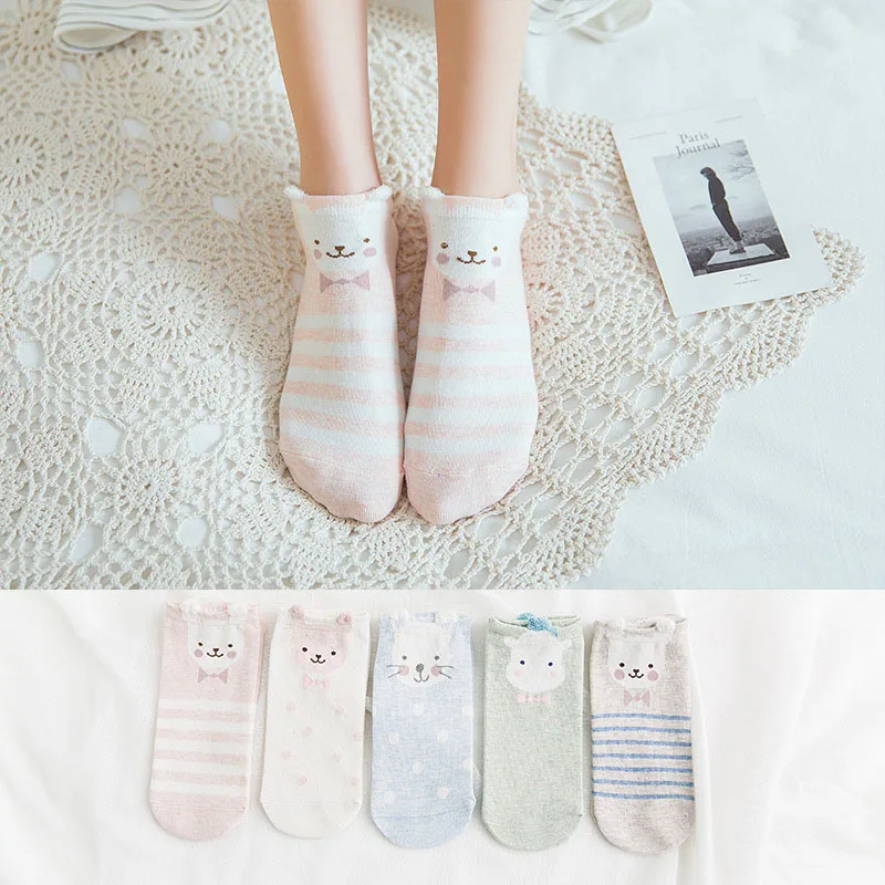 5 пар = 10 штук женские носки с героями мультфильмов хлопковые осенне-зимние невидимые носки с милыми животными безбортные носки Harajuku Дышащие носки
