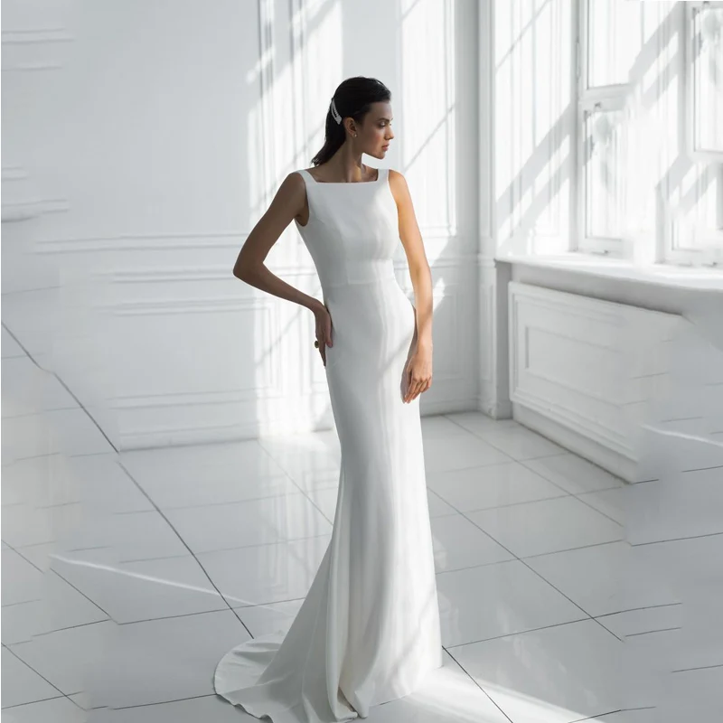 

Verngo 2020 Simple Elegant Wedding Dress Beach Stretch Satin Wedding Gown Custom Made Sweep Train Bridal Dress Vestido de noiva