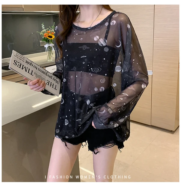 Disney 2021 Summer Famous Anime Mickey Mouse Brand Mesh Shirt Women Sun Protection Transparent Long Sleeve Blouse Ladies T-shirt 3757 black