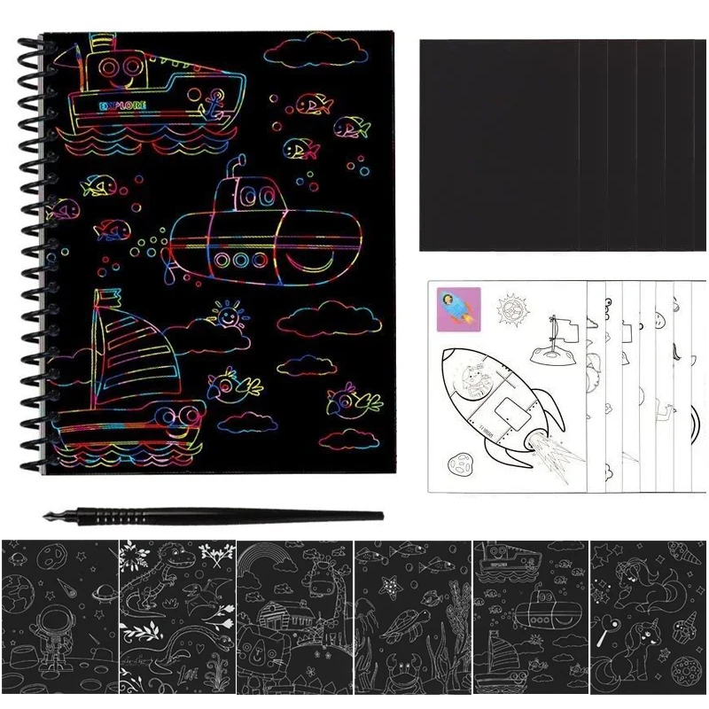 22 pages Drawing Book 3 in 1 Scratch Painting Color Filling Toys Cartoon Animal Unicorn Dinosaur Children Kids Boys Girls Gifts