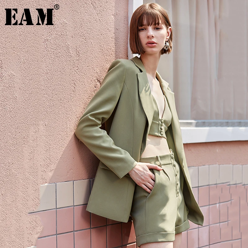

[EAM] Wide Leg Shorts Button Three Piece Suit New Lapel Long Sleeve Black Loose Fit Women Fashion Tide Spring Autumn 2019 1D124