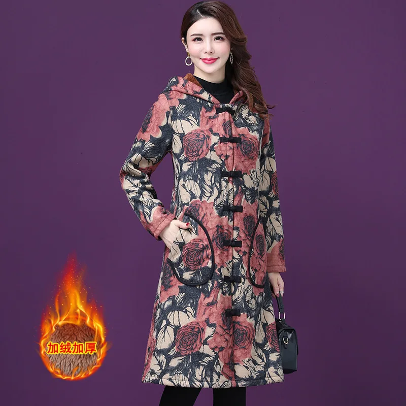 

Real 2019 Winter New Style Ethnic-Style Cotton-padded Clothes Women's Medium-length Brushed And Thick Chinese-style Vintage Wool