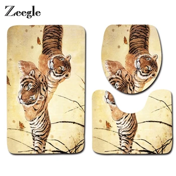 

Zeegle 3 Pcs/Set Tiger Pattern Anti-silp Toilet Bath Mats Flannel Contour Toilet Rug Lid Toilet Cover Carpet Bathroom Products