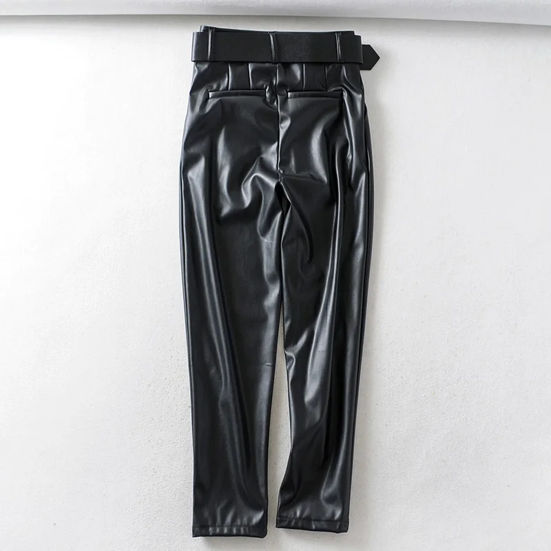 AGong High Imitation Leather Tie Belt Waist Pants Women Fashion PU Leather Trousers Women Elegant Pencil Pants Female Ladies KA