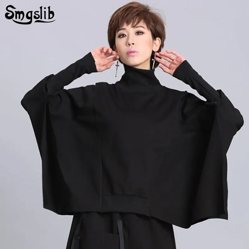 

2019 new spring Women's Coat jacket Striped Turtleneck collar Batwing sleeve loose black lrregular pullover women Fashion Tide