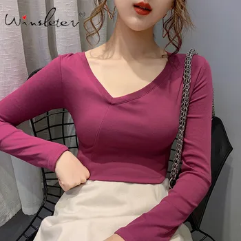 

Spring 2020 Cotton T-shirt Tops Oblique Neck Long Sleeve Solid Tees Bottoming Casual Women Clothes ropa mujer T01404Y