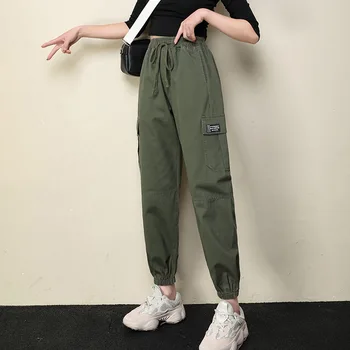 

Autumn Streetwear Cargo Pants Women Loose Big Pocket Hearm Pants Cotton High Waist Loose Female Black Khaki ArmyGreen Trousers