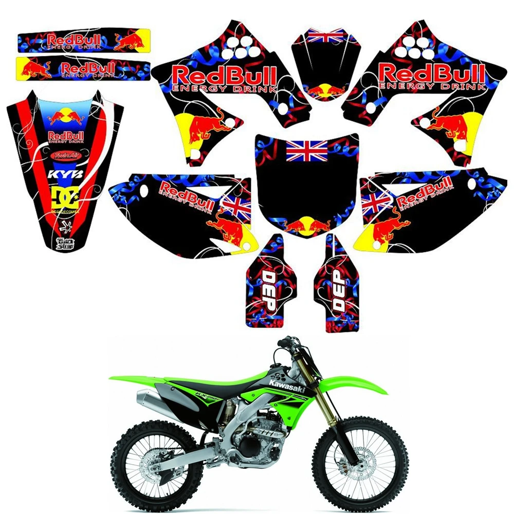 

For KAWASAKI KXF250 2009 2010 2011 2012 Graphics Decals Stickers Custom Number Name 3M Full Motorcycle Backgrounds Accessories