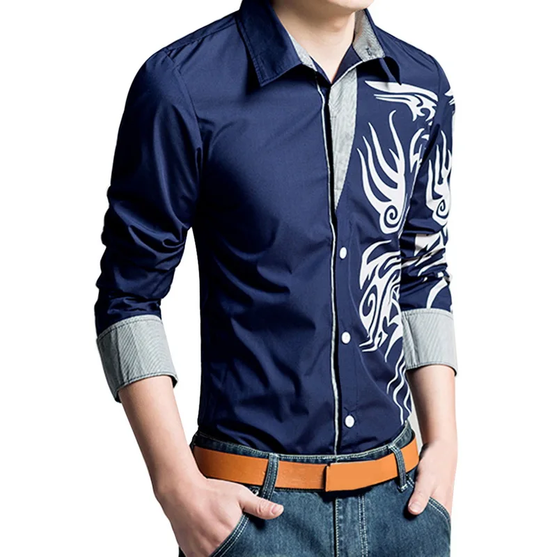 

2019 Autumn Men Shirt New Men's Dragon Print Shirts Slim Casual Fashion Social Business Long Sleeve Shirt Camisa Masculina
