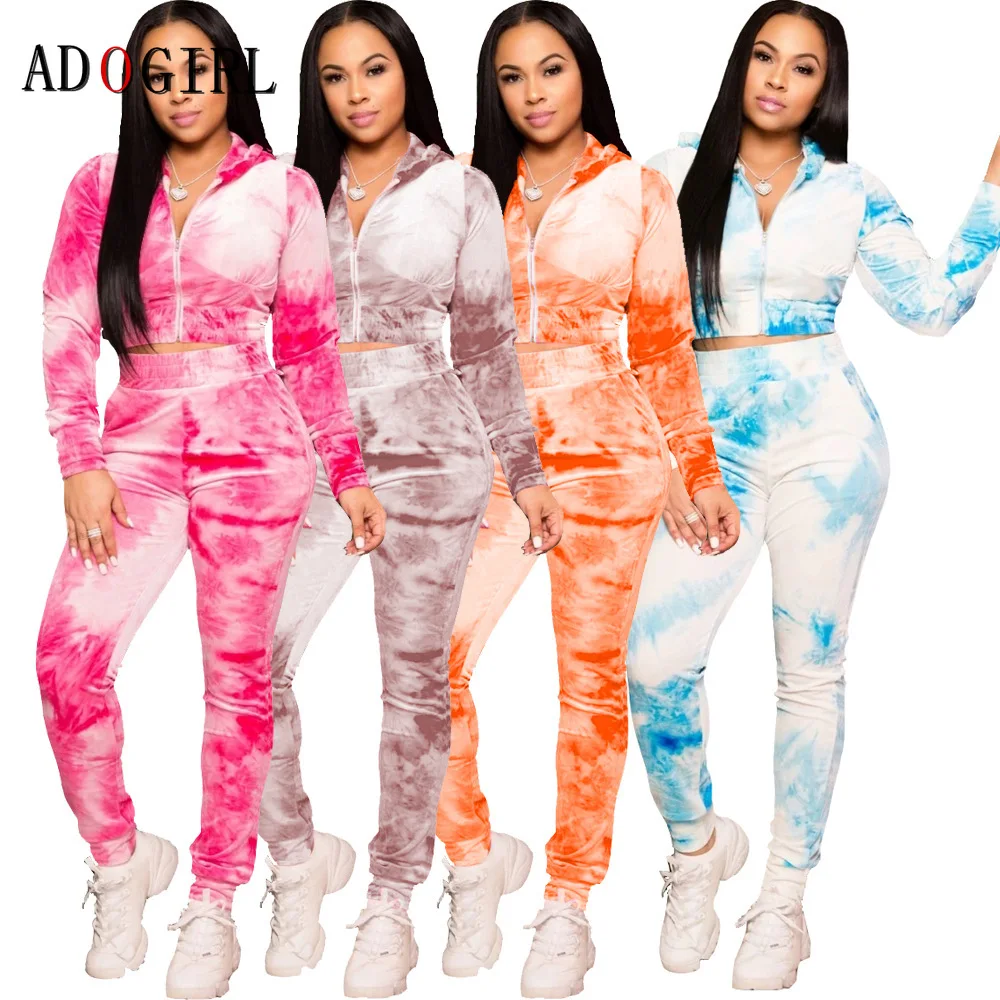 

Adogirl Winter Warm Tracksuits Women Tie Dye Set 2 Piece Joggers Set Long Sleeve Jacket Top And Pants Matching Sets Plus Size