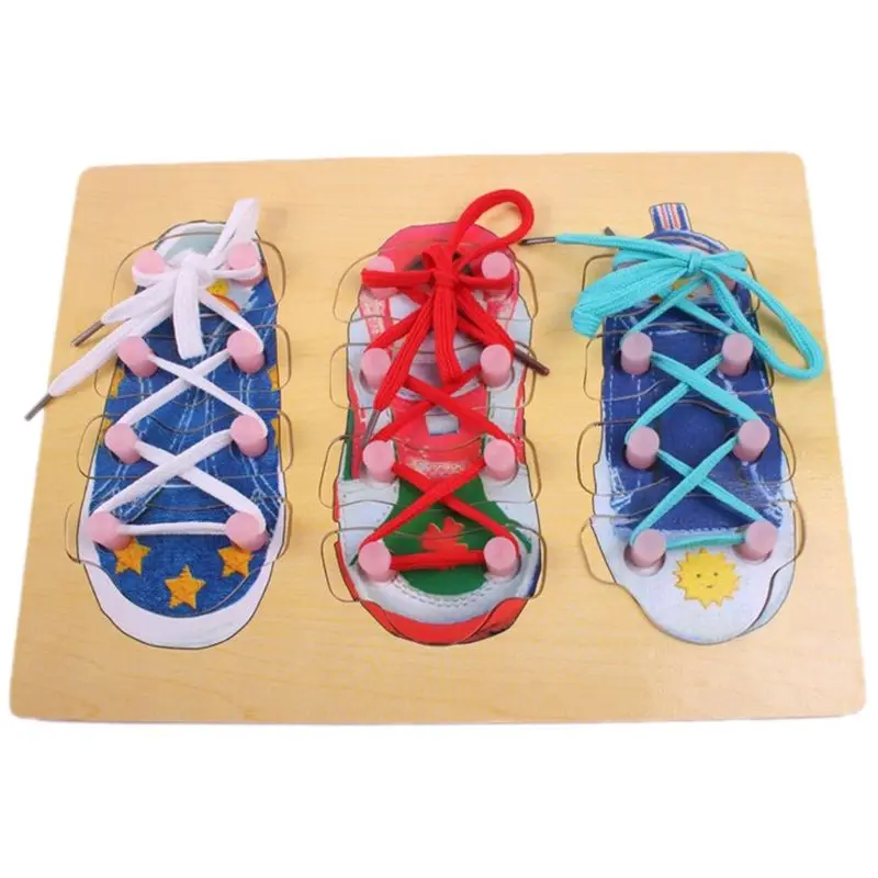 

(Pack of 3) Wooden Lacing Shoe Toy Learn to Tie Shoelaces, Fine Motor Skills Toy Threading Toy Board Game for Kids R9JD